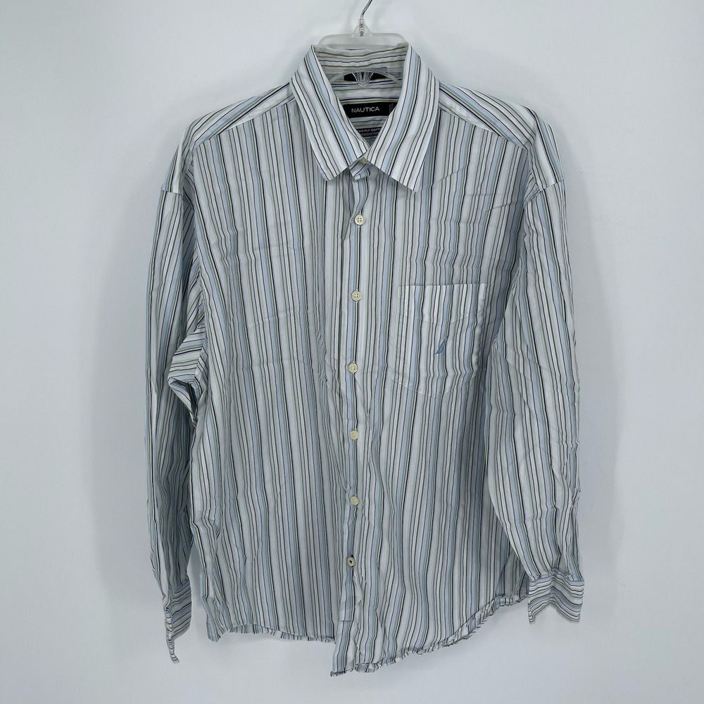 Nautica Men's Blue Striped Two-Ply Cotton Button Down Shirt Size Large
